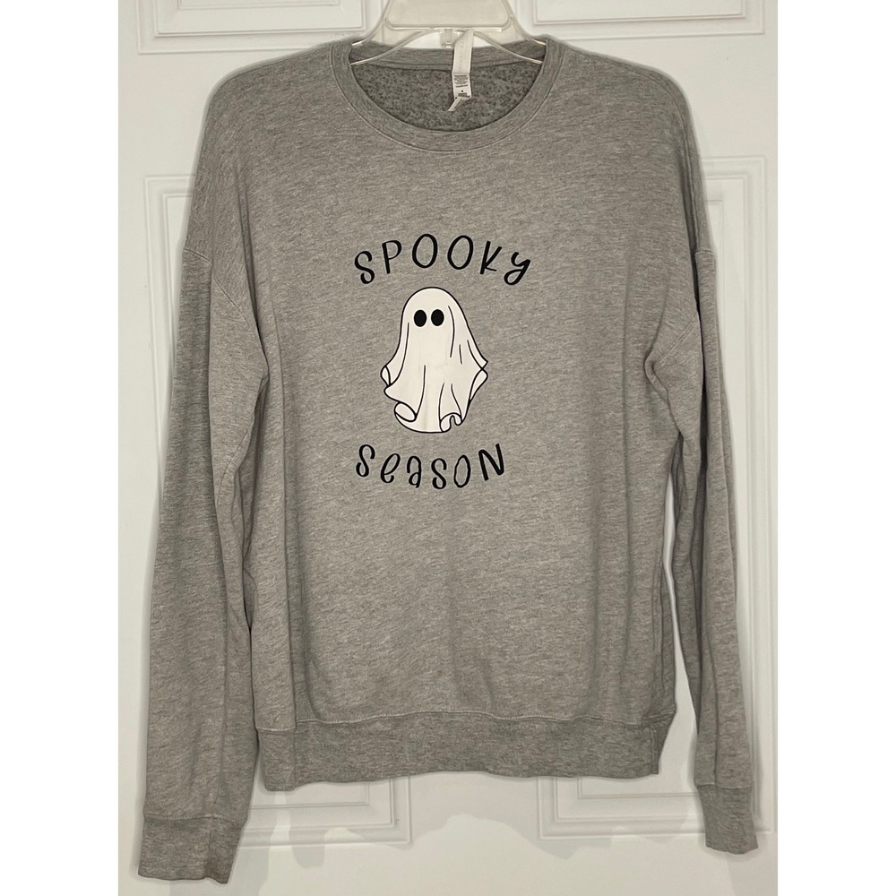 Bella Canvas Medium Gray Spooky Season Ghost Sweatshirt Grey Fleece Pullover